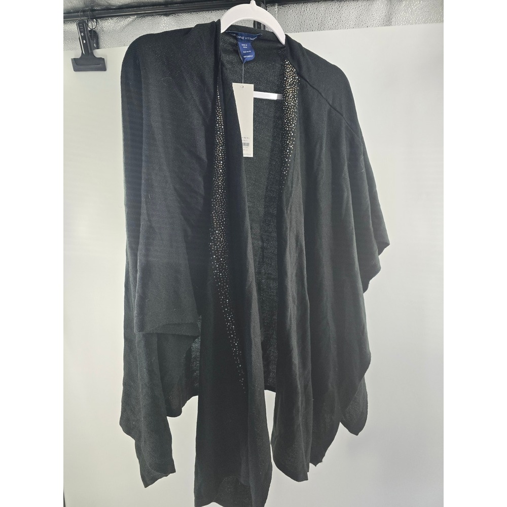 Adrienne Vittadini Black Rhinestone‎ Embellished Open Front Knit Wrap A